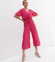 New Look Bright Pink Short Flutter Sleeve Tie Front Wide Leg Crop Jumpsuit